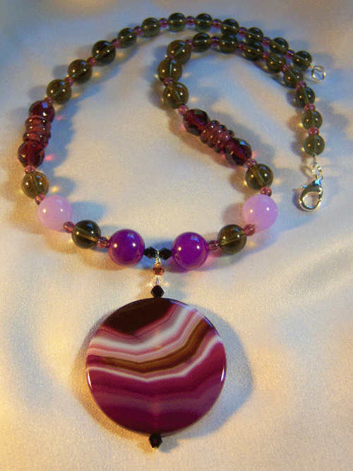 466n - 18 inch handcrafted necklace, purple agate pendant, lilac jade, purple and lavender glass beads