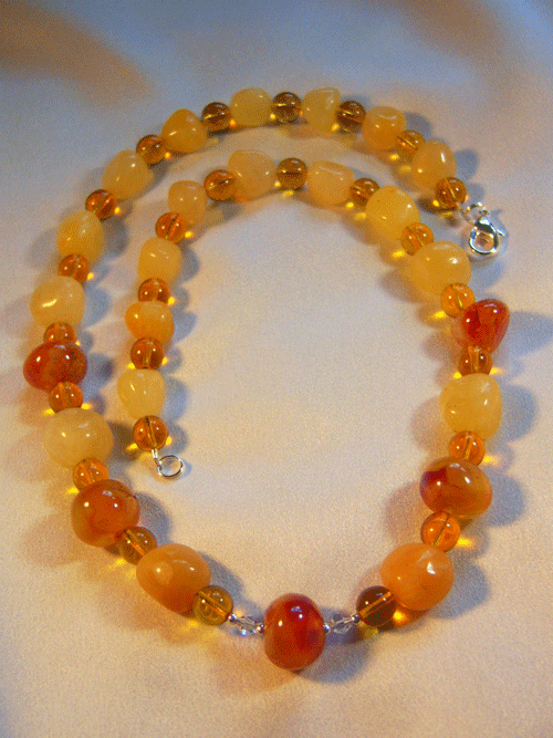 467n - 20 inch handcrafted necklace, yellow agate, carnelian nugget and glass beads