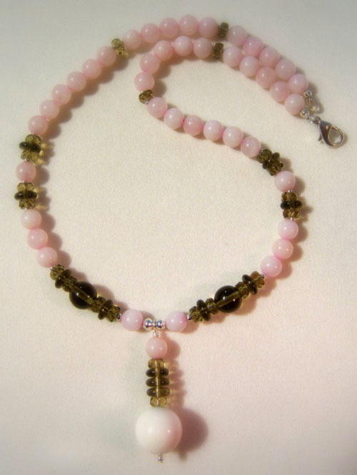 512n - 18 inch handcrafted necklace, rose quartz and smokey glass